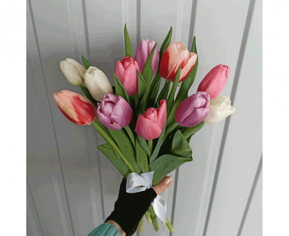 11 тюльпанов цвета микс, лента в Джанкое